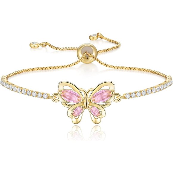 Women's Pink Butterfly Dainty Trendy Adjustable Tennis Slide Bracelets Jewelry - Picture 1 of 6